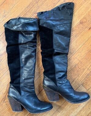 Well Worn Boots | Black Leather Thigh High | Lucky Brand Stacked Heel | Size 10